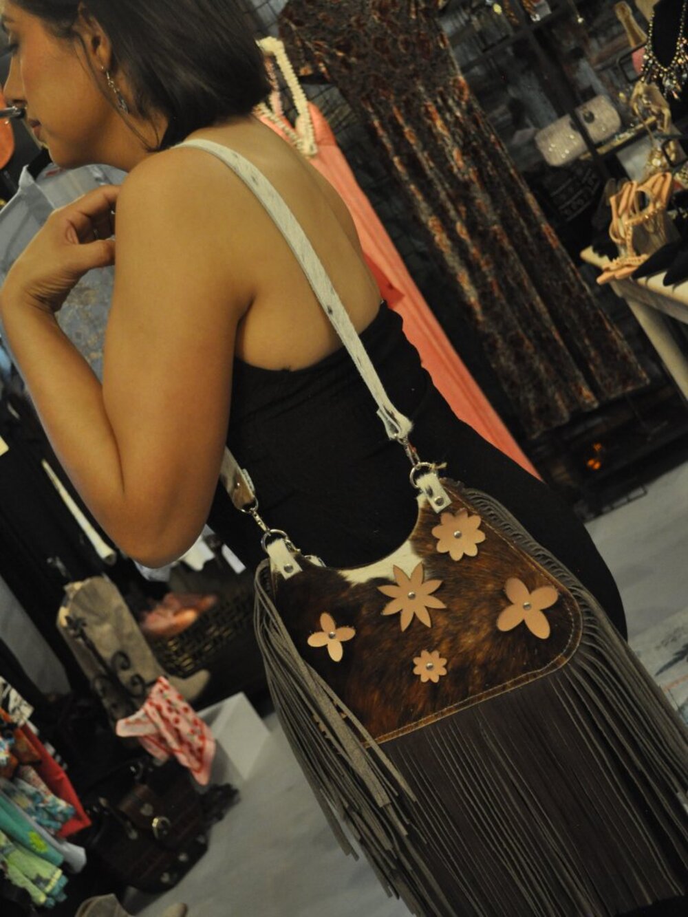 Cowhide & Leather Fringe Bag w/ Floral Details – Convertible Crossbody/Shoulder - Picture 6 of 6